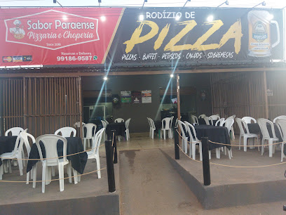 Fachada da Sabor Paraense Pizzaria e Choperia, com mesas e cadeiras no salão